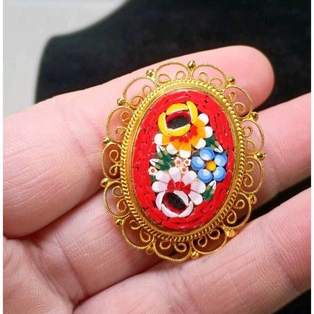 Vintage Italian Micro-Mosaic Red Floral Oval Pin in Gold-Tone Filigree